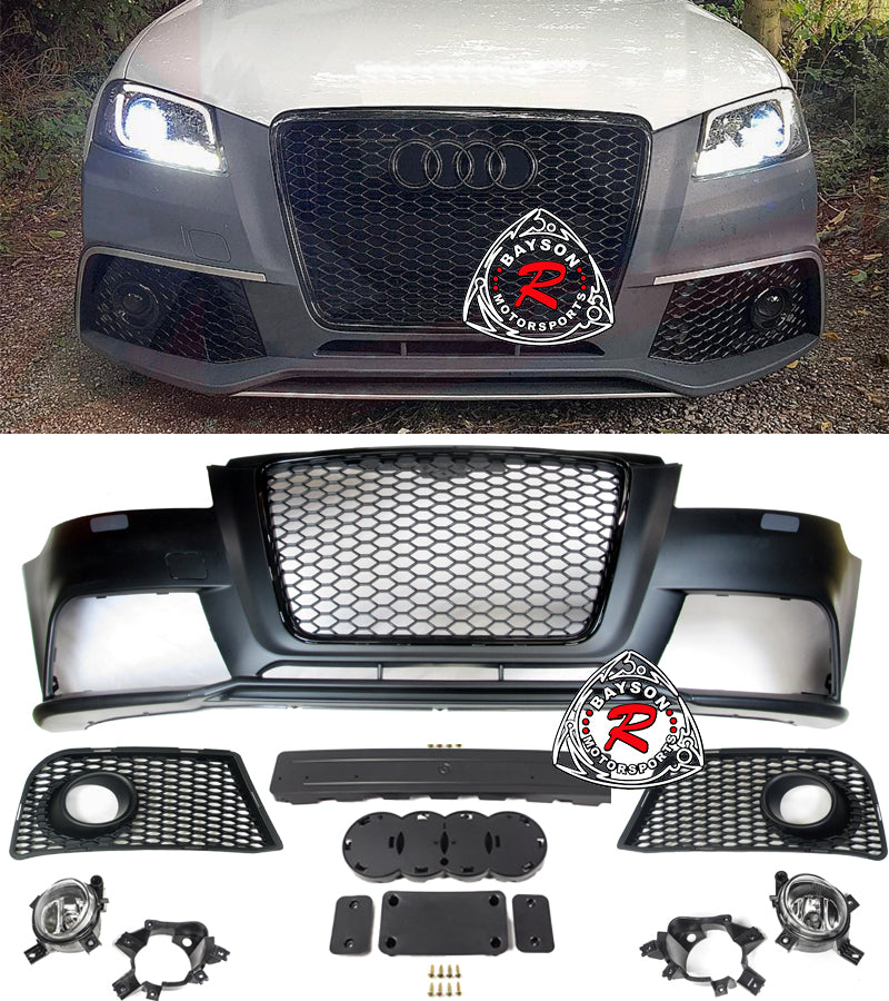 RS3 Style Front Bumper w/ Matte Black Grille & Fog Lights For 2009