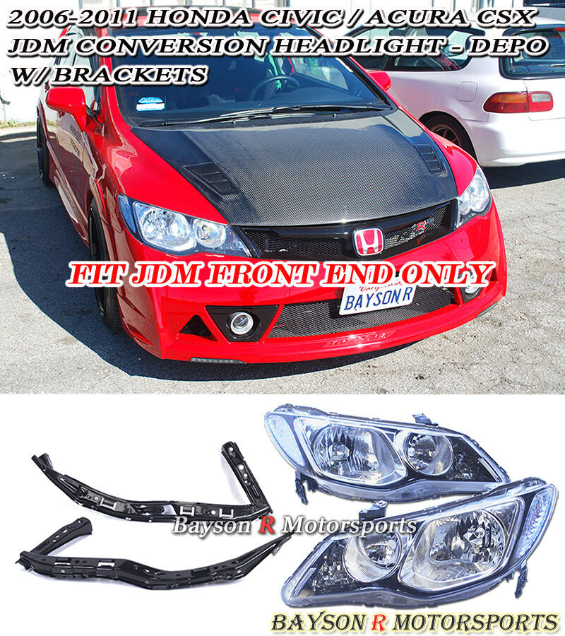 Depo Head Lights w/ Brackets For 2006-2011 Honda Civic 4Dr (JDM Spec) - Bayson R Motorsports