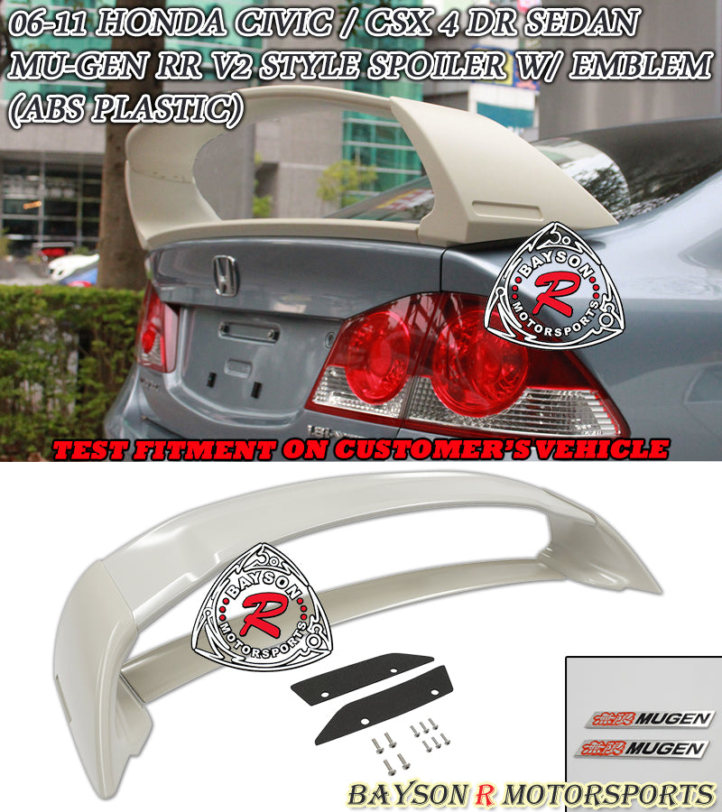 MU RR V2 Style Trunk Spoiler w/ Emblems 2006-2011 Honda Civic 4 Dr - Bayson R Motorsports