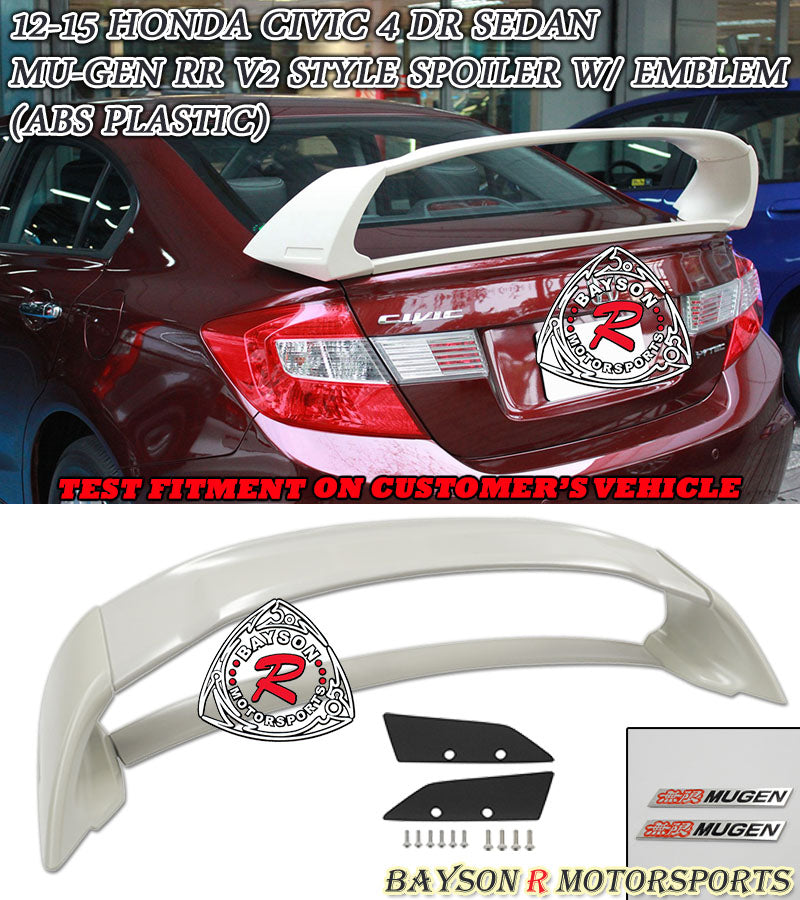 MU RR V2 Style Trunk Spoiler w/ Emblems For 2012-2015 Honda Civic 4 Dr - Bayson R Motorsports