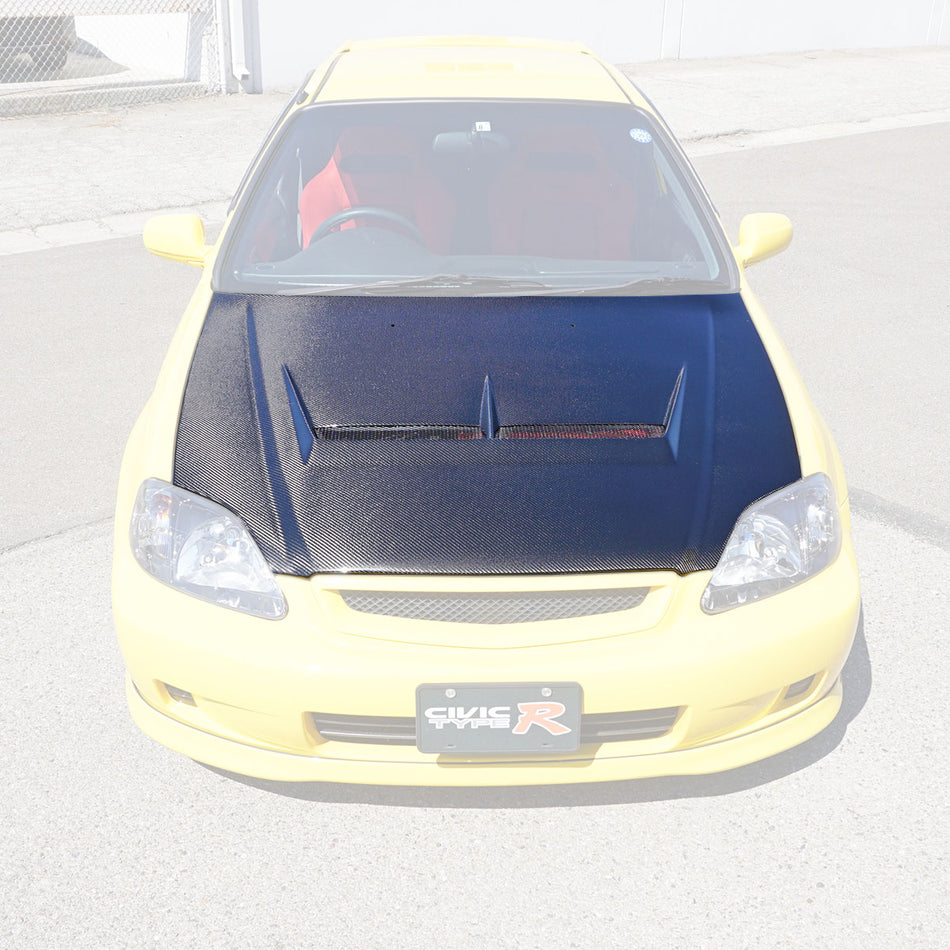 JS Style (Carbon Fiber) Hood without Nozzle Holes For 1999-2000 Honda Civic 2Dr/3Dr/4Dr