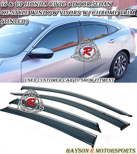 OE Style Window Visors w/ Chrome Trim For 2016-2021 Honda Civic 4Dr - Bayson R Motorsports