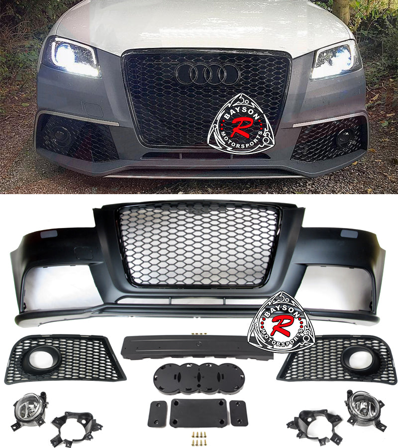 RS3 Style Front Bumper w/ Matte Black Grille & Fog Lights For 2009-2013 Audi A3 S3 (8P) - Bayson R Motorsports