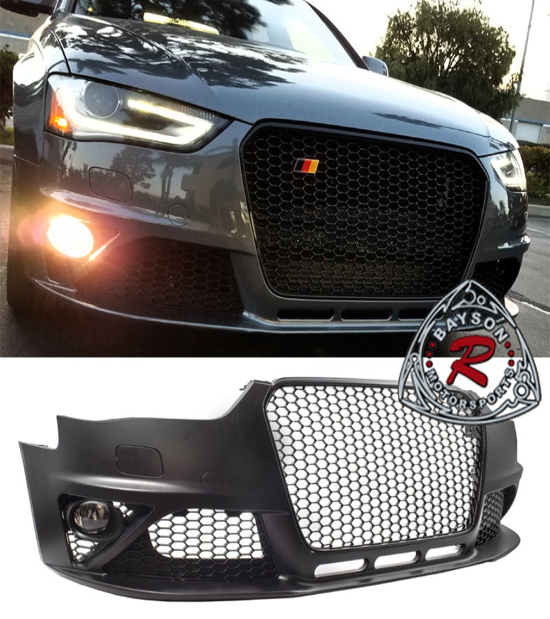 RS4 Style Front Bumper w/ Gloss Black Grille & Glass Fog Lights For 2013-2016 Audi A4 S4 (B8.5) - Bayson R Motorsports