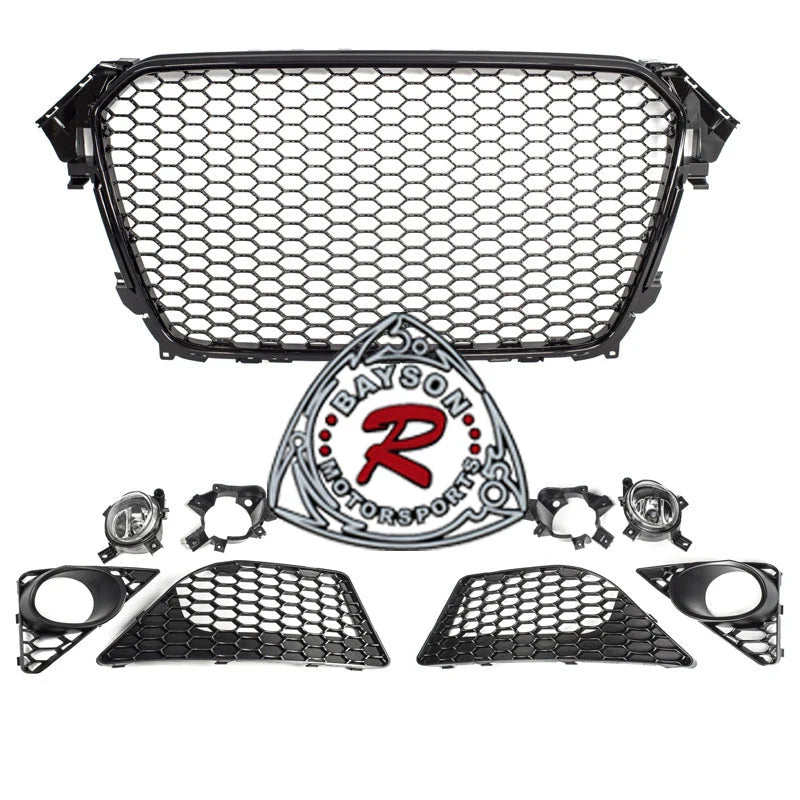 RS4 Style Front Bumper With Gloss Black Grille & Glass Fog Lights For 2013-2016 Audi A4/S4 (B8.5)