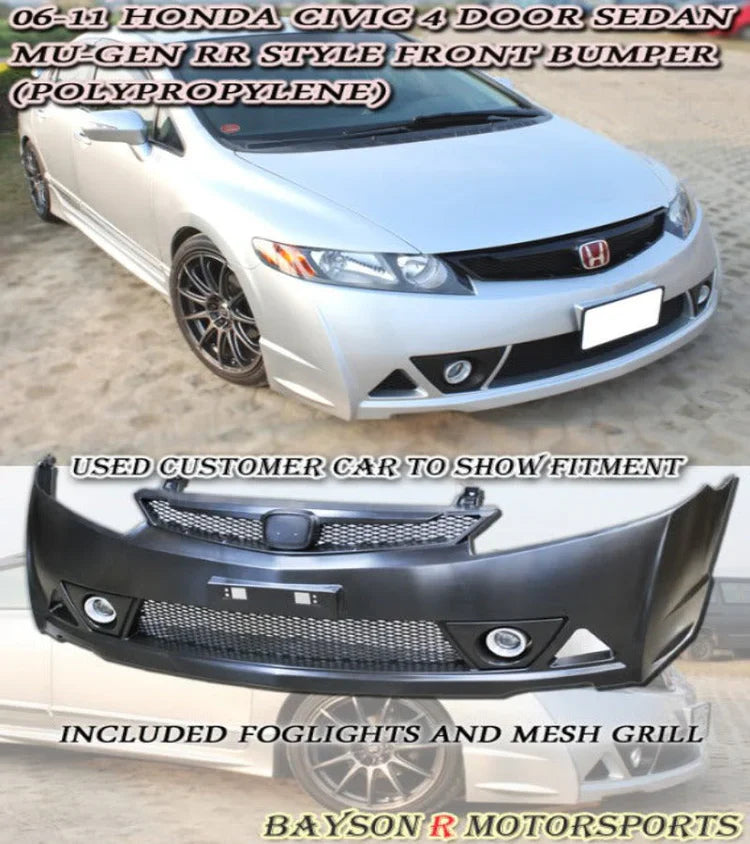MU RR Style Front Bumper with Fog Lights For 2006-2011 Honda Civic (4Dr, USDM Only)