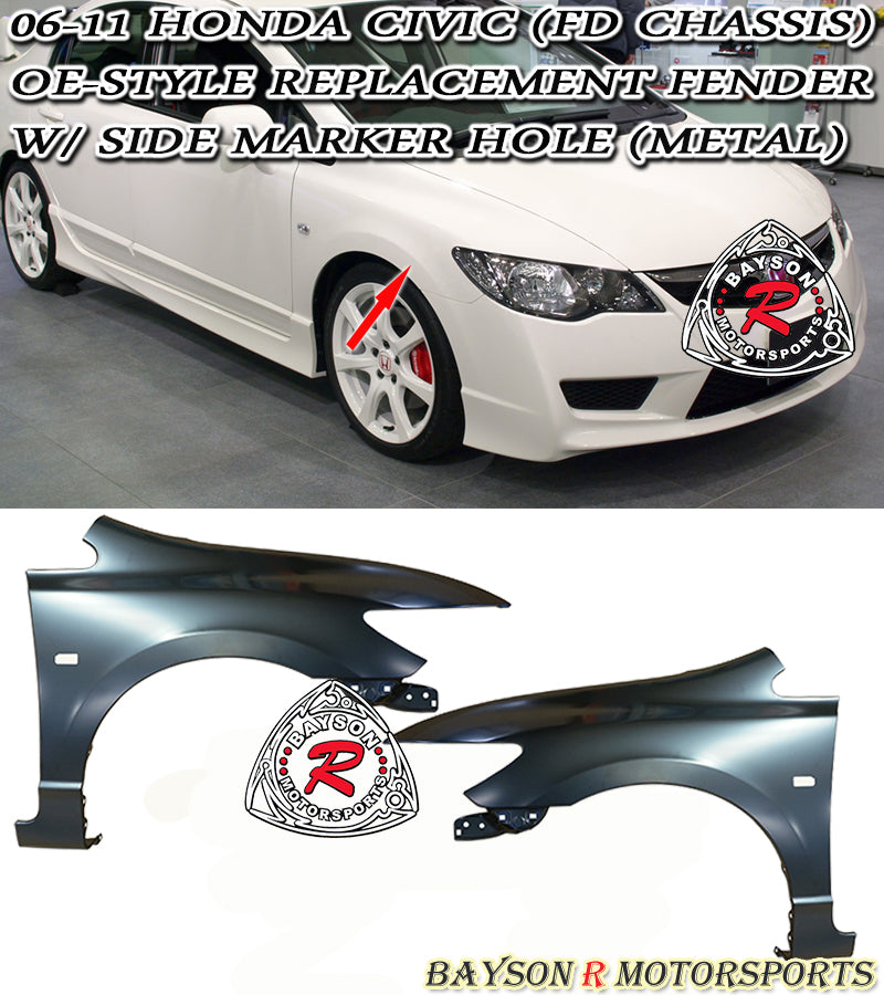 OE Style Fenders w/ Side Marker Holes For 2006-2011 Honda Civic 4Dr (JDM) / Acura CSX - Bayson R Motorsports