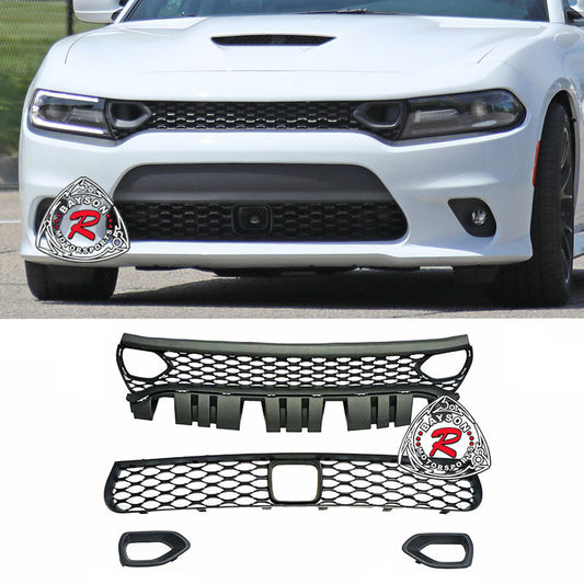 SRT8 Hellcat Style Grill Set w/ Air Inlet Bezels (w/ ACC hole) For 2015-2022 Dodge Charger - Bayson R Motorsports
