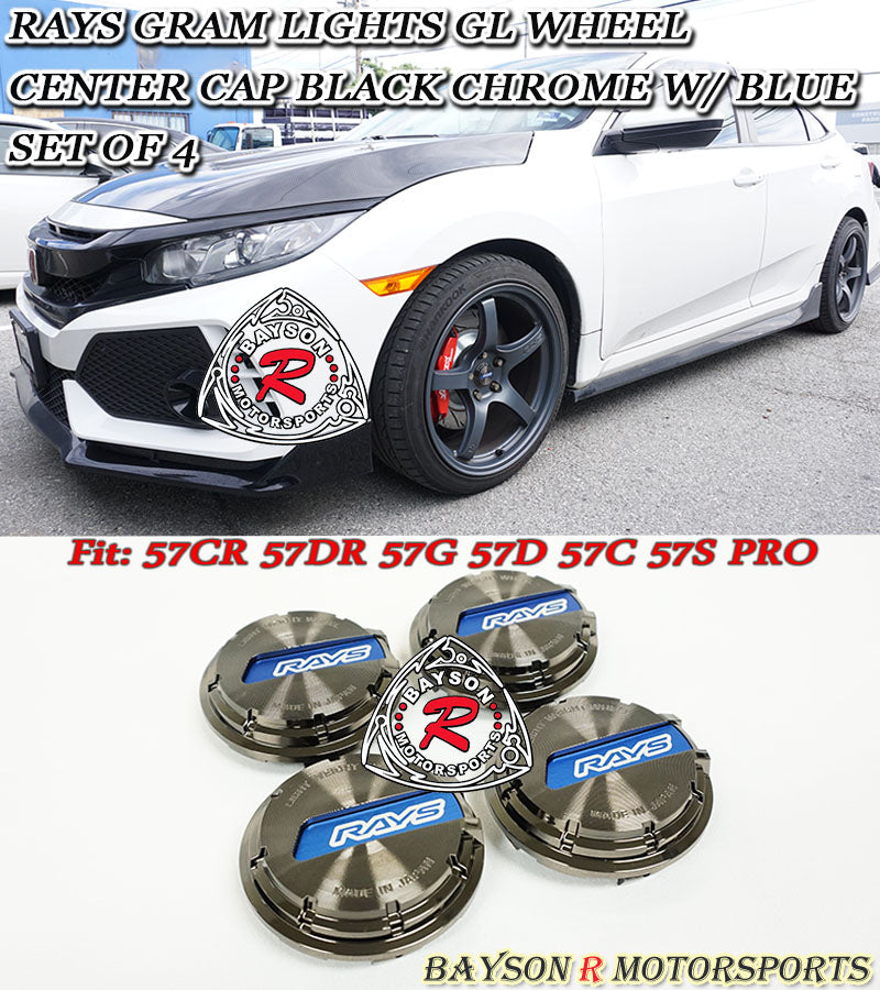 Rays Gram Lights GL Wheel Center Caps Black Chrome with Blue (Set of 4) - Bayson R Motorsports