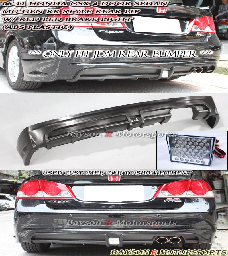 MURR Style Rear Lip (Single Exhaust) w/ LED Brake Lights For 2006-2011 Honda Civic 4Dr (JDM Spec) - Bayson R Motorsports