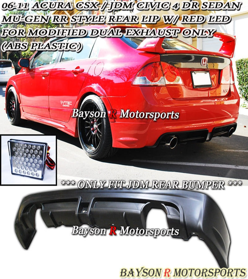 MURR Style Rear Lip (Dual Exhaust) w/ LED Brake Lights For 2006-2011 Honda Civic 4Dr (JDM Spec) - Bayson R Motorsports