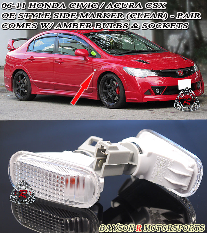 JDM Style Side Markers (Clear) For 2006-2011 Honda Civic 4Dr - Bayson R Motorsports