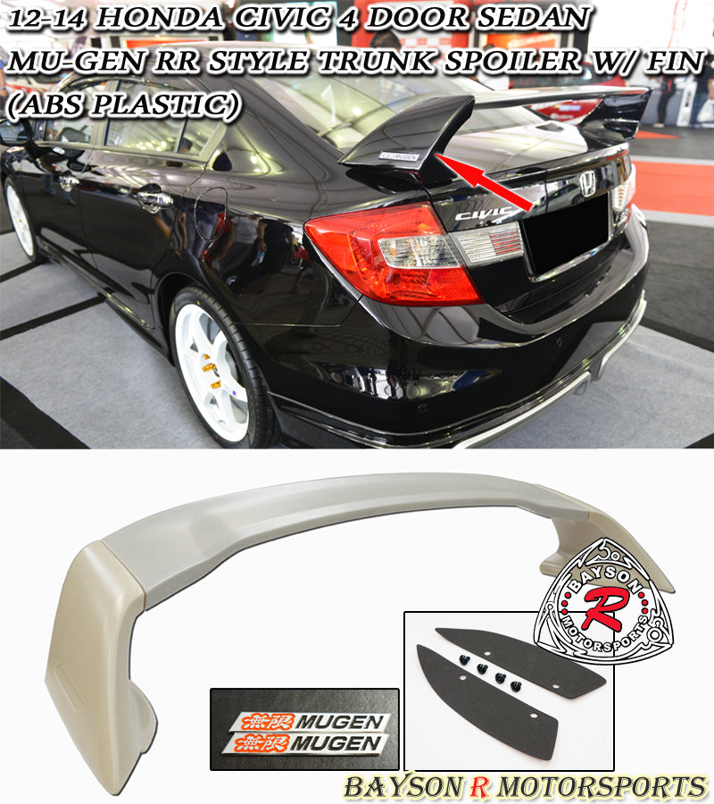 MU RR Style Trunk Spoiler w/ Emblems For 12-15 Honda Civic 4 Dr - Bayson R Motorsports