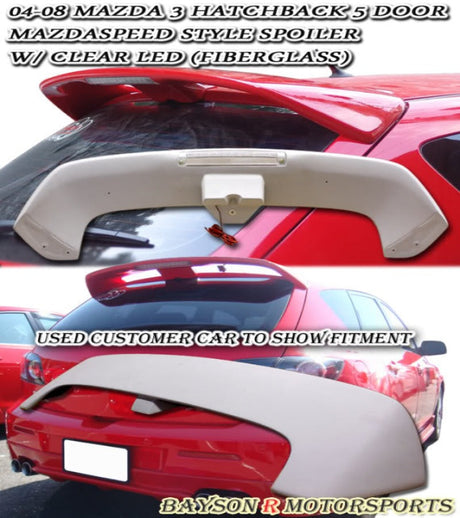 MS Style Spoiler (Fiberglass) w/ LED 3rd Brake Light For 2004-2009 Mazda 3 5Dr - Bayson R Motorsports