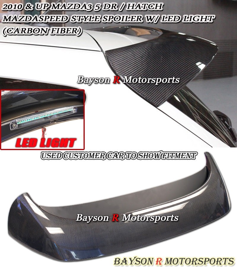MS Style Spoiler (Carbon Fiber) w/ LED 3rd Brake Light For 2010-2013 Mazda 3 5Dr - Bayson R Motorsports